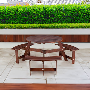 6-person circular picnic table with 3 built-in benches, umbrella holes, outdoor tables and chairs brown bench set - V.I.P Digital Presence