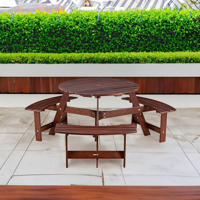 6-person circular picnic table with 3 built-in benches, umbrella holes, outdoor tables and chairs brown bench set - V.I.P Digital Presence