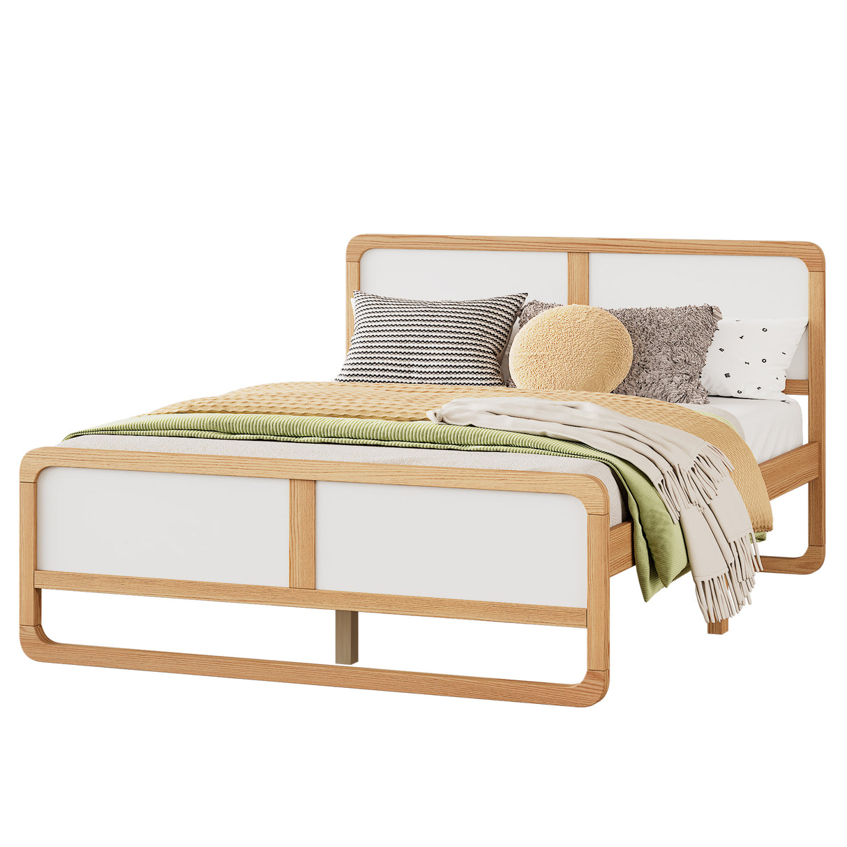 Modern Style Queen Size Solid Wood Platform Bed for Kids, Teens, Adults, No Need Box Spring, Walnut and White - V.I.P Digital Presence