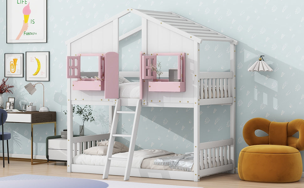 Twin over Twin House Bunk Bed with Roof , Window, Window Box, Door , with Safety Guardrails and Ladder, Pink/White - V.I.P Digital Presence