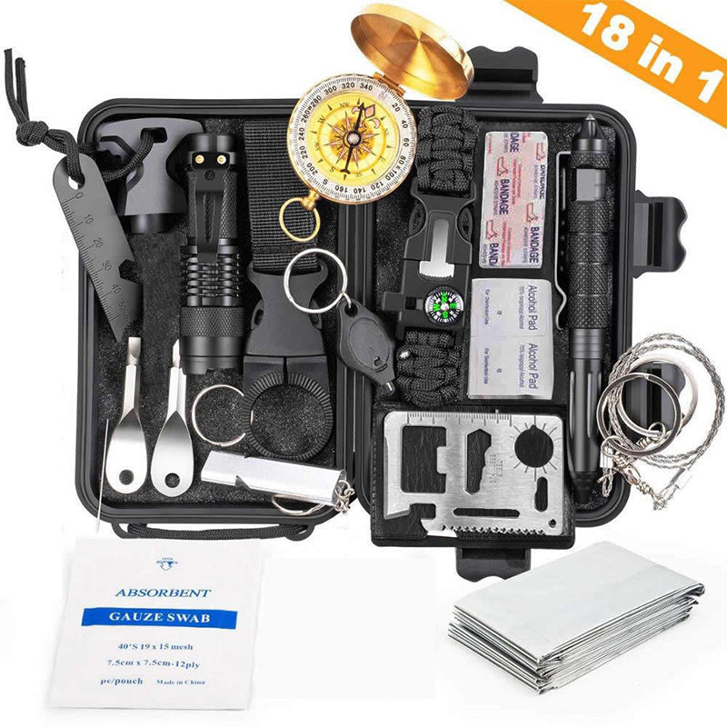 Military-grade outdoor travel survival kit with mini camping tools, emergency bracelet, whistle, blanket and knife. - V.I.P Digital Presence