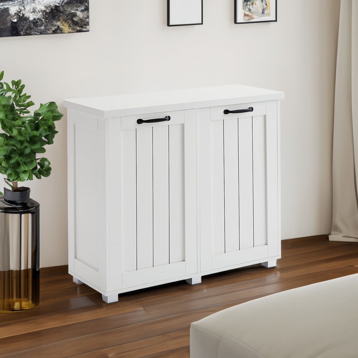 Two room inclined garbage bin, anti pet kitchen garbage bin with cutting board, independent laundry sorting cabinet, white - V.I.P Digital Presence