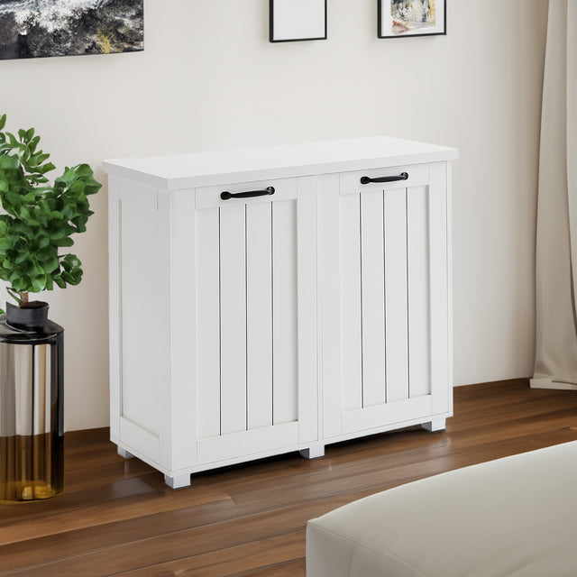 Two room inclined garbage bin, anti pet kitchen garbage bin with cutting board, independent laundry sorting cabinet, white - V.I.P Digital Presence