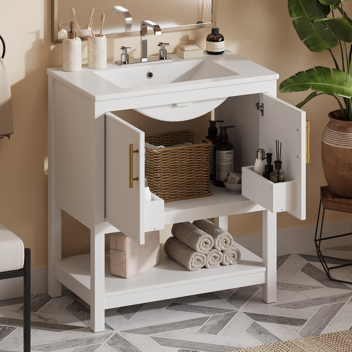 30-Inch White Bathroom Vanity with Ceramic Sink and Versatile Storage - Ideal for Small Bathrooms - V.I.P Digital Presence