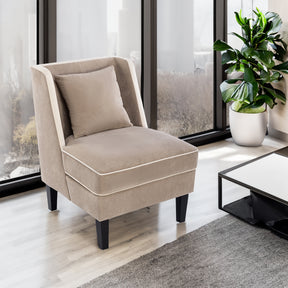 Velvet Upholstered Accent Chair with Cream Piping, Tan and Cream - V.I.P Digital Presence