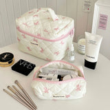 Cute Bow Flower Quilting Cotton Makeup Bag Women Zipper Cosmetic Organizer Female Cloth Handbag Portable Toiletry Case for Girls - V.I.P Digital Presence