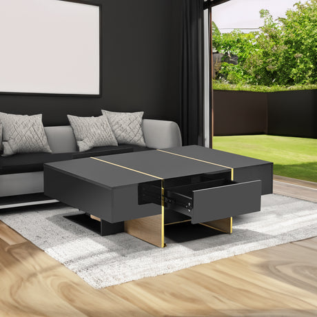ON-TRANS 47.2 inch x 31.4 inch multifunctional rectangular sofa table with 2 drawers and gold wood grain leg center table, black - V.I.P Digital Presence