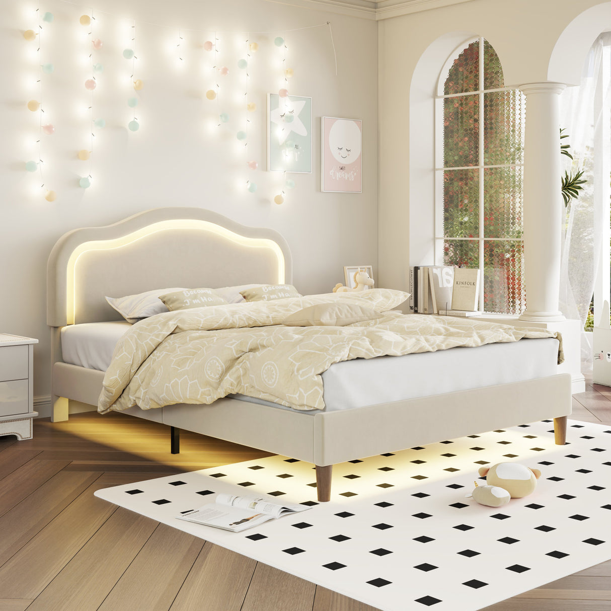 Full Size Velvet Upholstered Smart LED Bed Frame with Adjustable Height Headboard,No Box Spring Needed,Easy Assembly,Beige - V.I.P Digital Presence