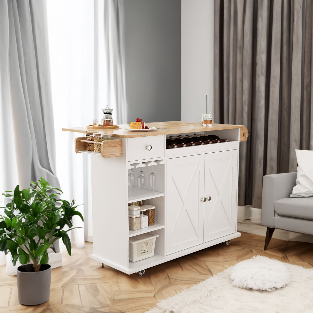 44 Inch Kitchen Island Cart with Solid Wood Top, Wine Storage, Spice Rack, Towel Rack, Wine Glass Holder White & Oak - V.I.P Digital Presence