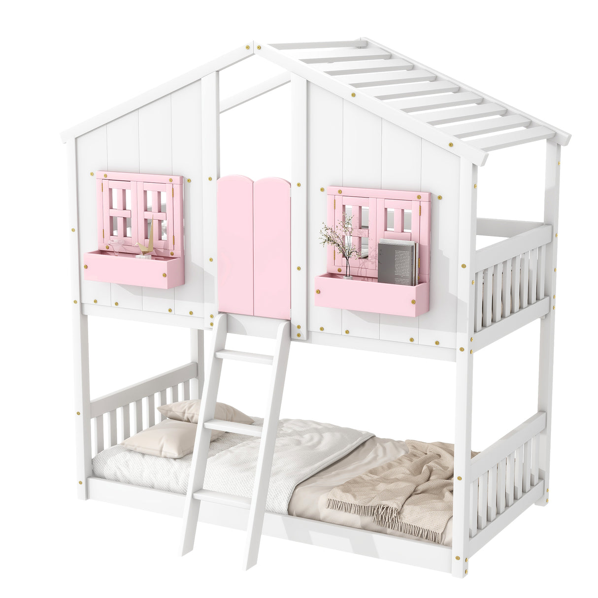 Twin over Twin House Bunk Bed with Roof , Window, Window Box, Door , with Safety Guardrails and Ladder, Pink/White - V.I.P Digital Presence