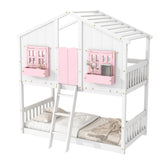 Twin over Twin House Bunk Bed with Roof , Window, Window Box, Door , with Safety Guardrails and Ladder, Pink/White - V.I.P Digital Presence