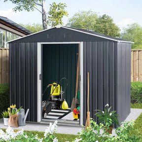 8ft x 6ft Outdoor Metal Storage Shed with Floor Base Black - V.I.P Digital Presence