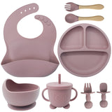 8PCS Mother and baby silicone bibs, silicone dinner plates, eight-piece set, baby food training suction cup bowl, baby divided tableware set - V.I.P Digital Presence