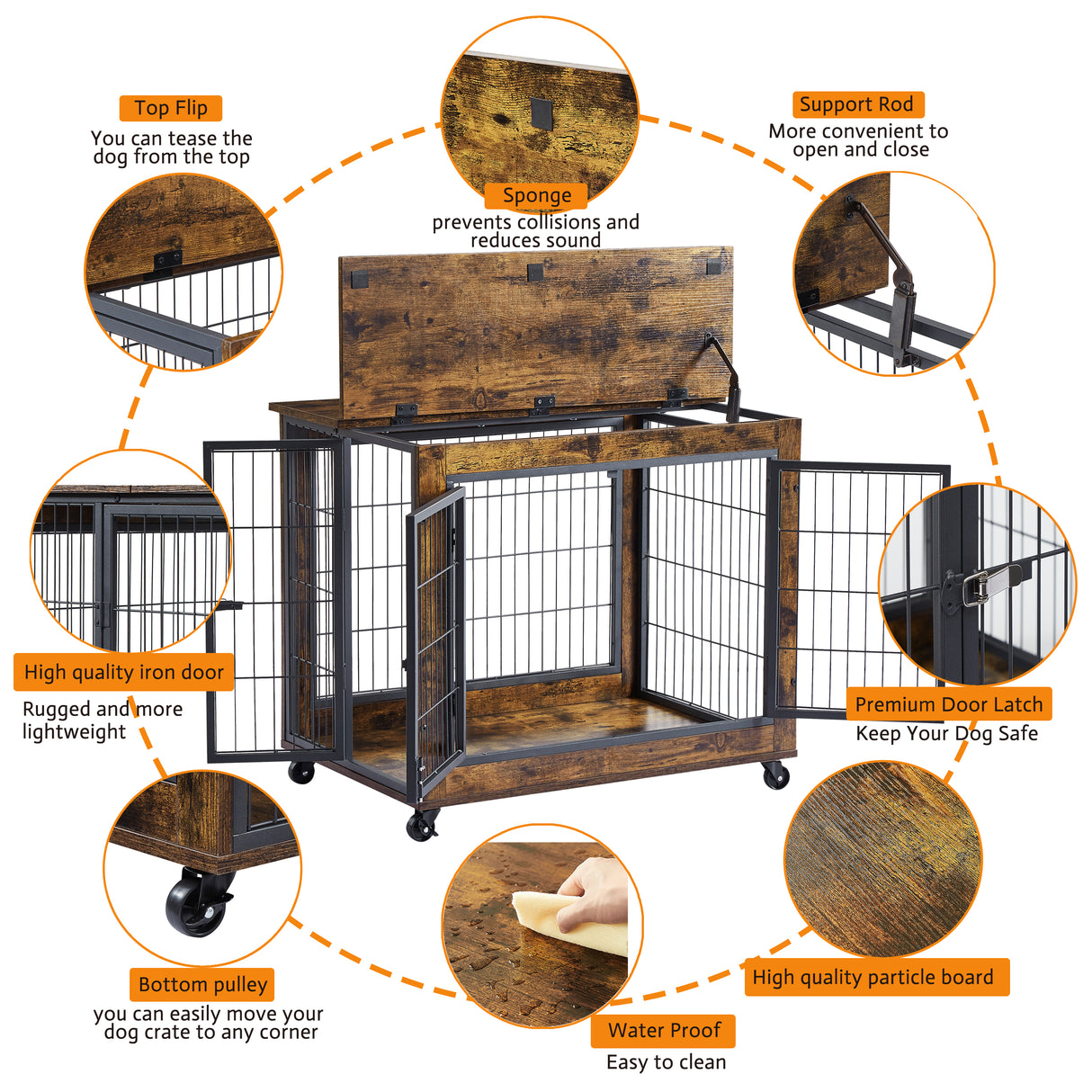 Furniture Style Dog Crate Side Table on Wheels with Double Doors and Lift Top. Rustic Brown, 31.50'' W x 22.05'' D x 25'' H. - V.I.P Digital Presence