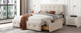 Upholstered Platform Bed with Classic Headboard and 4 Drawers No Box Spring Needed Linen Fabric Queen Size Beige - V.I.P Digital Presence
