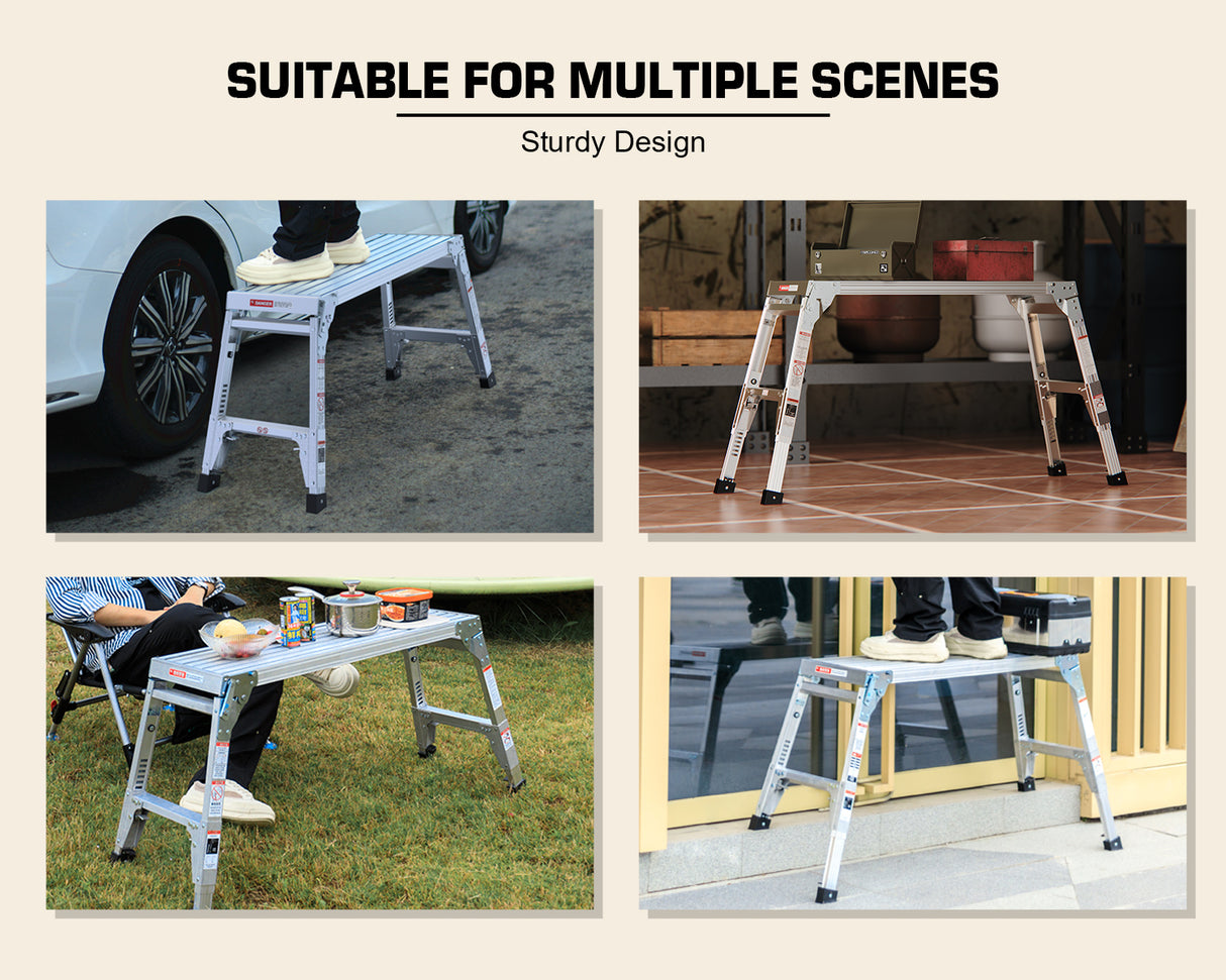 Aluminum Work Platform Large Size Step Stool Folding Portable Work Bench 40" Width Telescopic Feet 22" -27.5" Height Adjustable - V.I.P Digital Presence