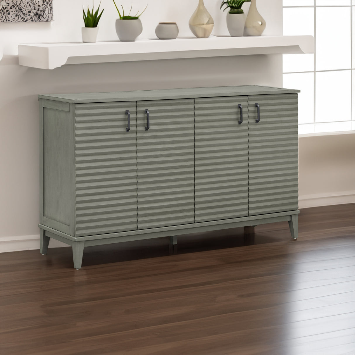 TREXM side panel with 4-door large storage buffet, adjustable shelves and metal handles (antique gray) - V.I.P Digital Presence