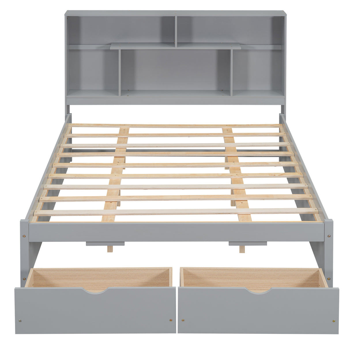 Queen Size Platform Bed with Storage Headboard and 2 Drawers, Gray - V.I.P Digital Presence
