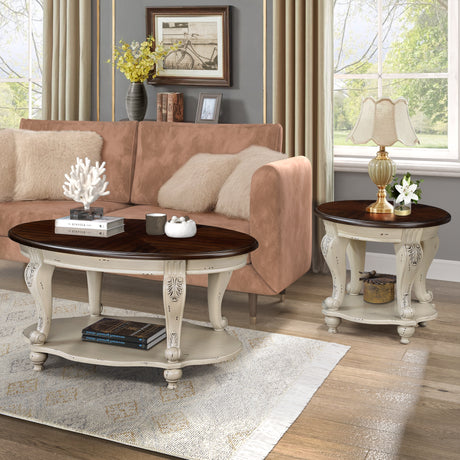 42 inch oval wooden coffee table, 2-story solid wood cocktail table with open storage rack, antique white and cherry tabletop - V.I.P Digital Presence