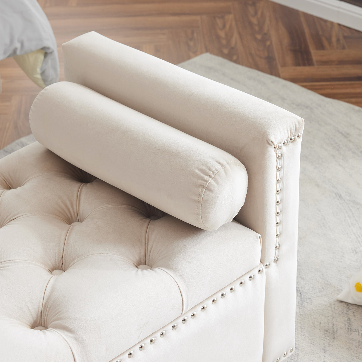 Storage Bench, 44.5-Inch Queen Velvet Button Bedside Bench, Entryway Living Room with Armrests, Nailhead Trim Cream White - V.I.P Digital Presence