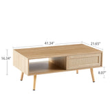 41.34" Rattan Coffee table sliding door for storage solid wood legs Modern table for living room  natural - V.I.P Digital Presence