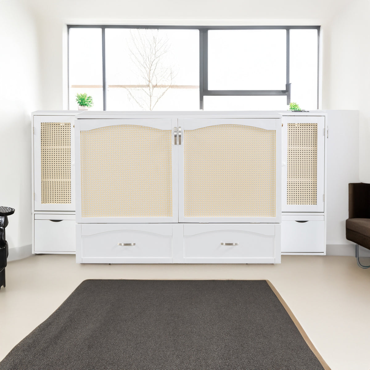 Large Murphy bed wall mounted bed with drawers, 2 storage cabinets, 1 set of sockets and USB ports, white - V.I.P Digital Presence