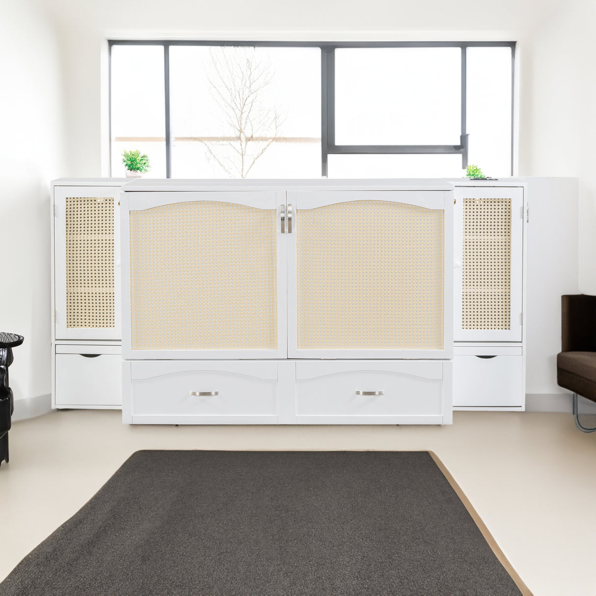 Large Murphy bed wall mounted bed with drawers, 2 storage cabinets, 1 set of sockets and USB ports, white - V.I.P Digital Presence