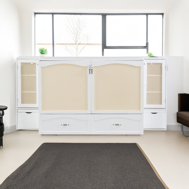 Large Murphy bed wall mounted bed with drawers, 2 storage cabinets, 1 set of sockets and USB ports, white - V.I.P Digital Presence