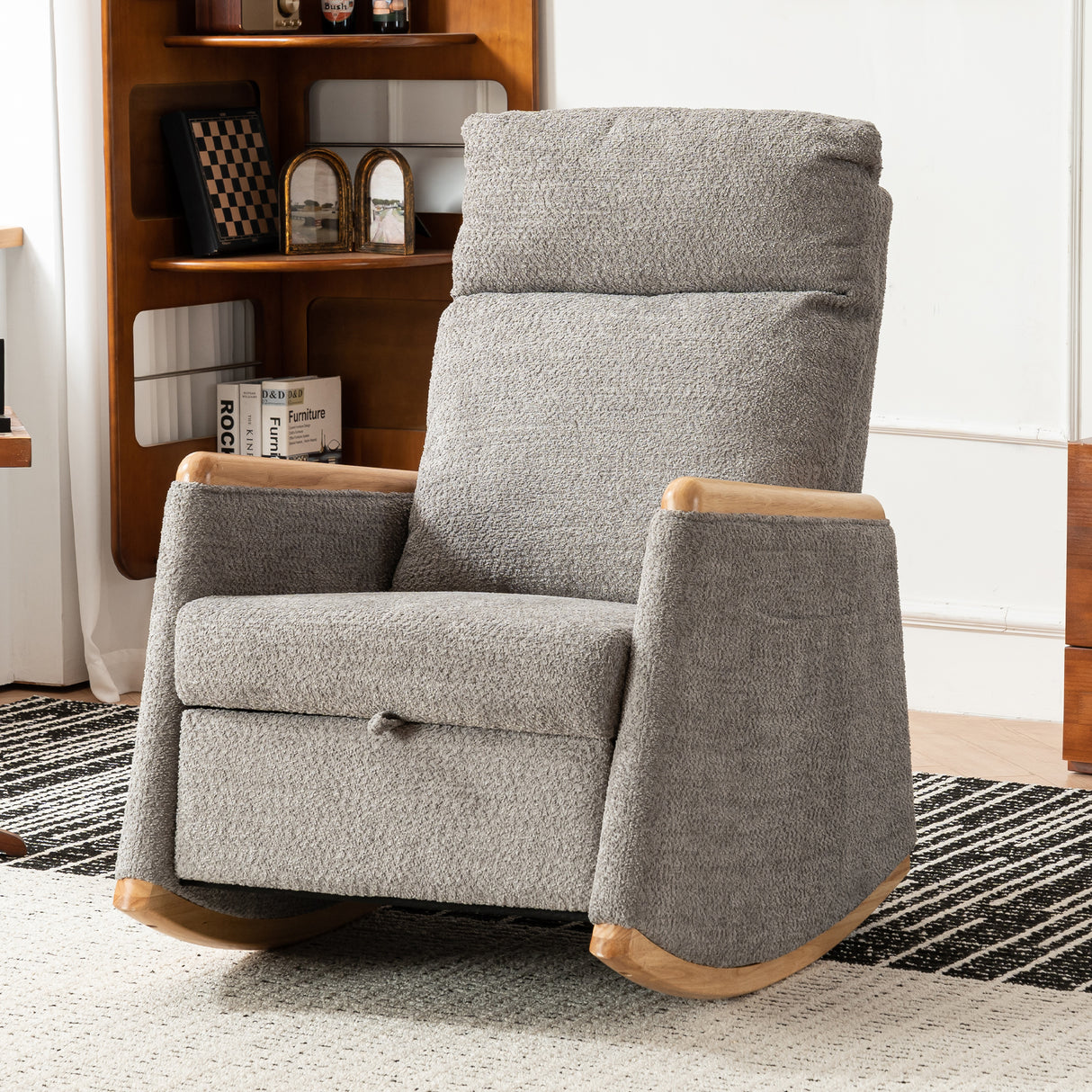 Accent Rocking Chair with Footrest High Back Rubber Wood Rocking Legs Bedroom Living Space 38.6D X 26.8W X 40.6H Inch - V.I.P Digital Presence