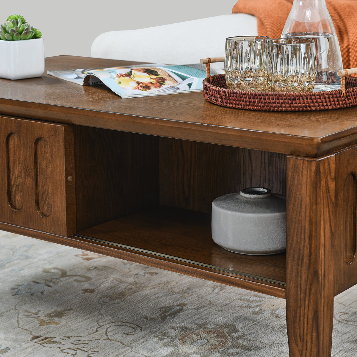 Medieval modern flute coffee table with storage sliding door and solid wood legs, vintage farmhouse wood central table - V.I.P Digital Presence