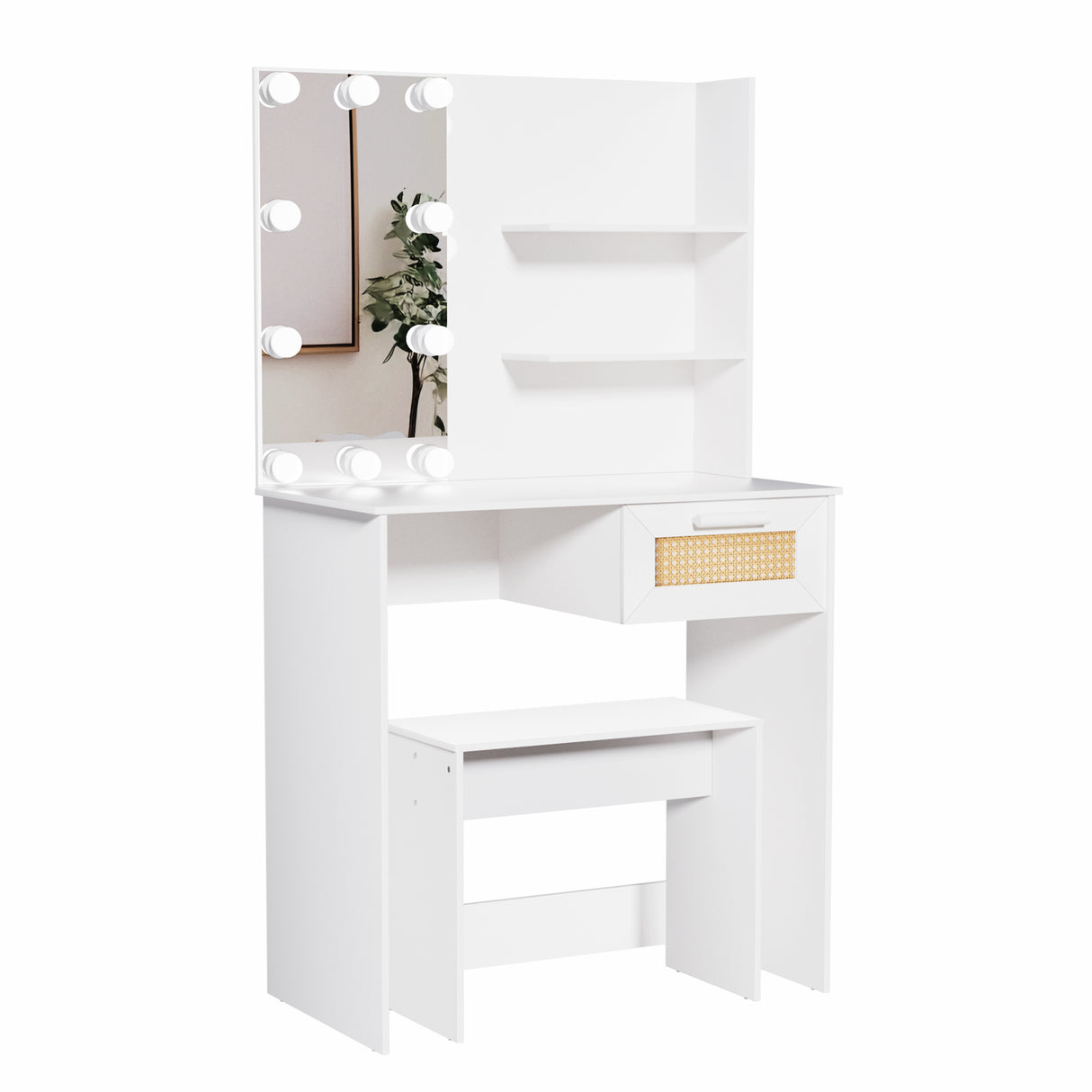 Vanity Desk Set Stool & Dressing Table with LED Lighting Mirror Drawer and Wood Cosmetic Table Chest of Drawers White Color - V.I.P Digital Presence