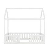 Twin Size Wood House Bed with Fence and Door, White - V.I.P Digital Presence
