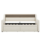 Twin Size Daybed with Storage Drawers, Upholstered Daybed with Charging Station and LED Lights, Beige - V.I.P Digital Presence