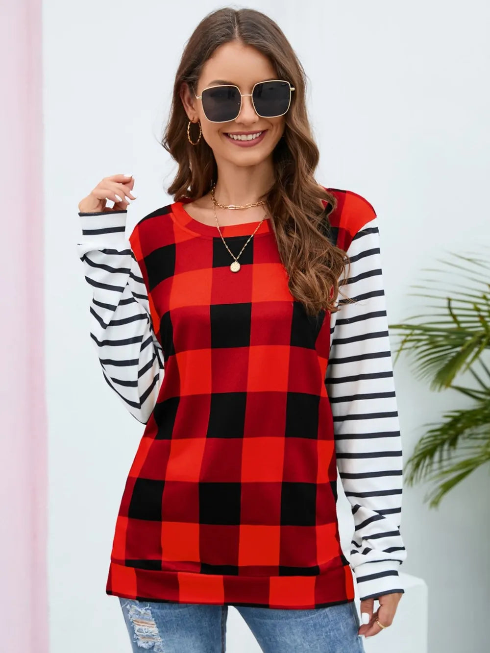 Plaid Striped Round Neck Long Sleeve T-Shirt - V.I.P Digital Presence