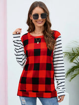Plaid Striped Round Neck Long Sleeve T-Shirt - V.I.P Digital Presence