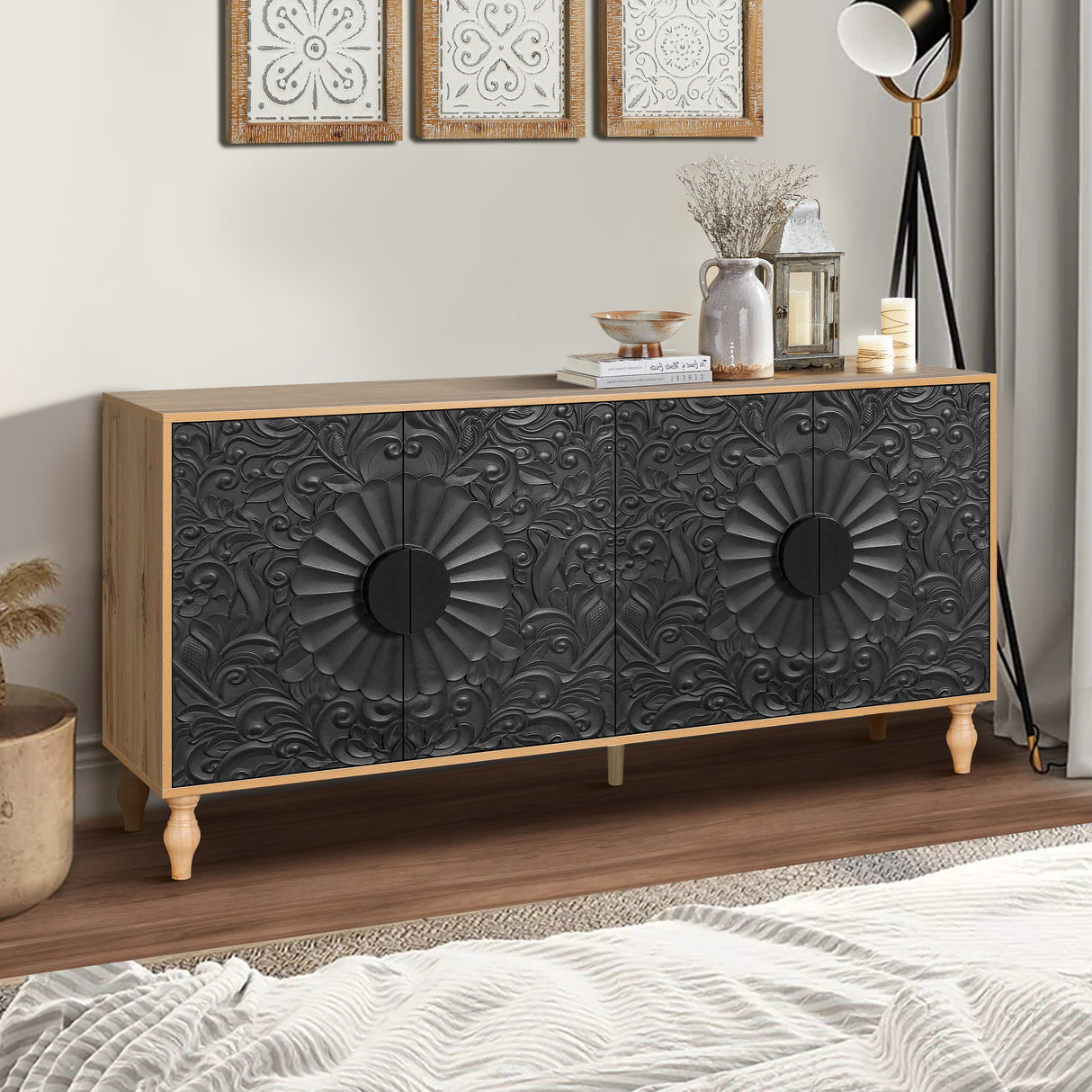 Black Carved Symmetrical Design Door And Wood Coloured Frame For TV Stand Table,Living Room ,Entryway - V.I.P Digital Presence