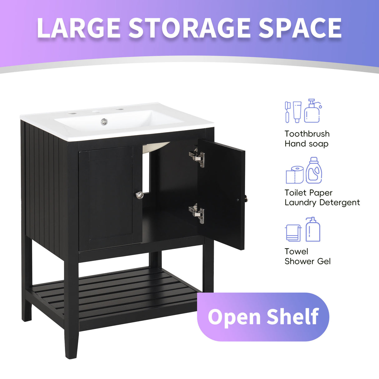 24" Black Modern Sleek Bathroom Vanity Elegant Ceramic Sink with Solid Wood Frame Open Style Shelf - V.I.P Digital Presence