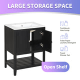 24" Black Modern Sleek Bathroom Vanity Elegant Ceramic Sink with Solid Wood Frame Open Style Shelf - V.I.P Digital Presence