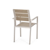 Outdoor Modern Aluminum Dining Chair with Faux Wood Seat (Set of 2), Natural and Silver - V.I.P Digital Presence