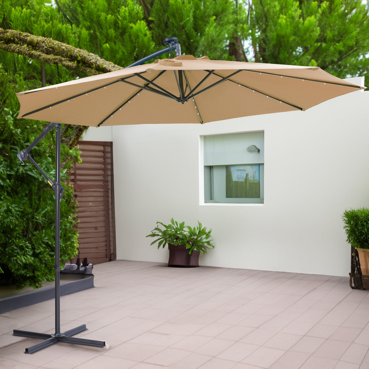 10 FT Solar LED Patio Outdoor Umbrella Hanging Cantilever Umbrella Offset Umbrella Easy Open Adustment with 32 LED Lights -taupe - V.I.P Digital Presence