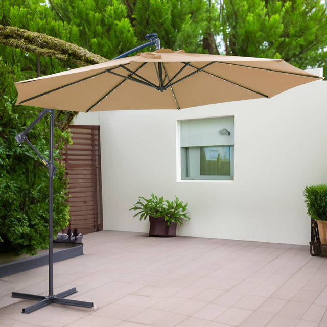 10 FT Solar LED Patio Outdoor Umbrella Hanging Cantilever Umbrella Offset Umbrella Easy Open Adustment with 32 LED Lights -taupe - V.I.P Digital Presence