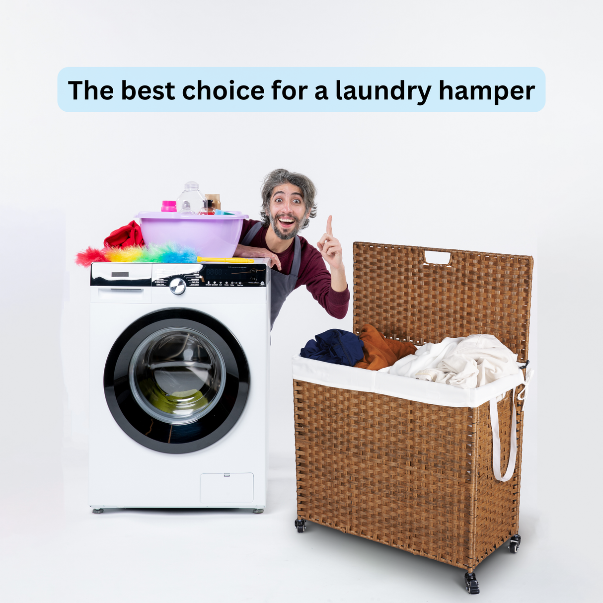 Laundry Hamper With Lid PE Rattan Powder Coating Frame Clothes Hampers with 02 Removable Bags, Wheels, 160L, Brown Color - V.I.P Digital Presence