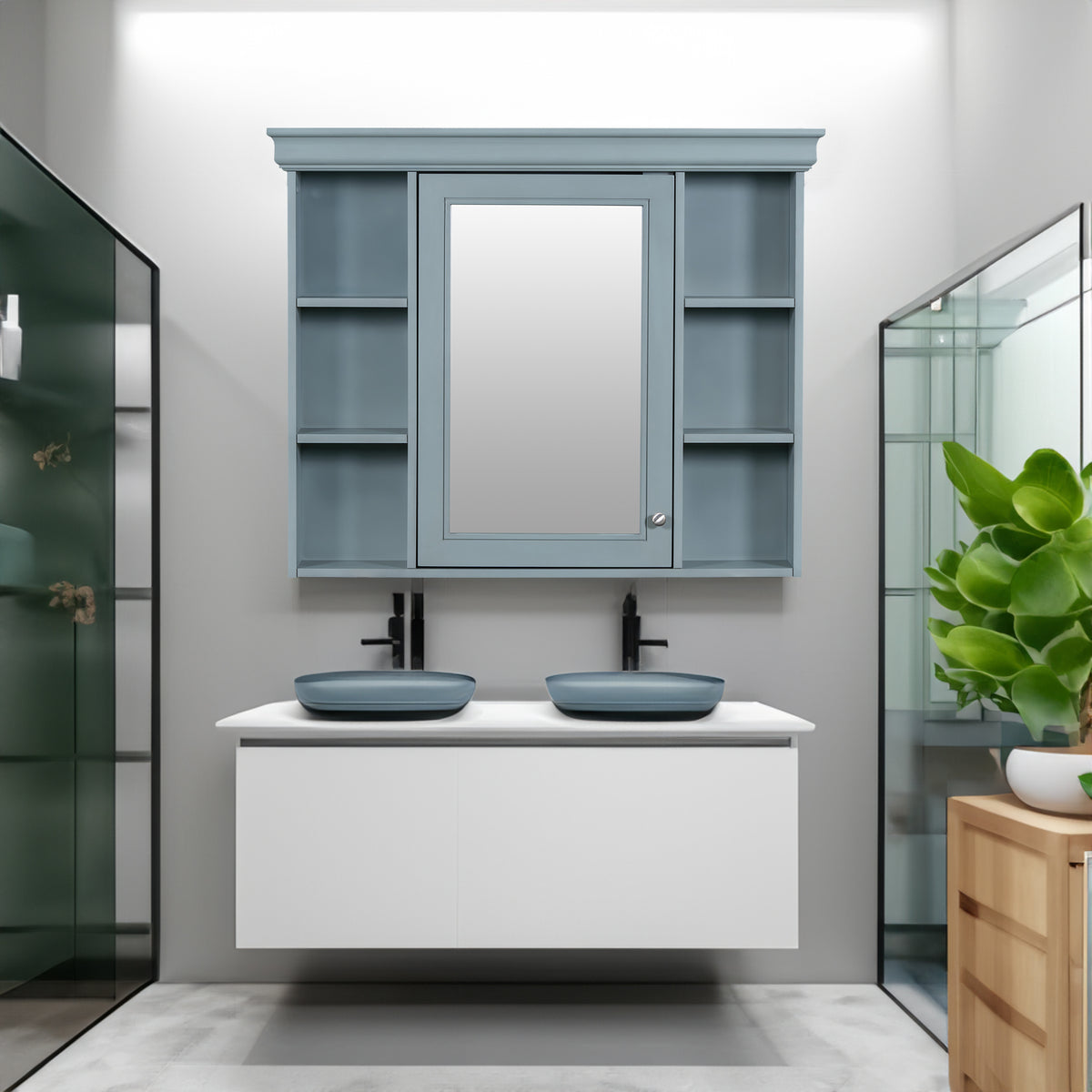 35 ''x 28' 'blue wall mounted bathroom storage cabinet with mirror door and medication cabinet with 6 open shelves - V.I.P Digital Presence