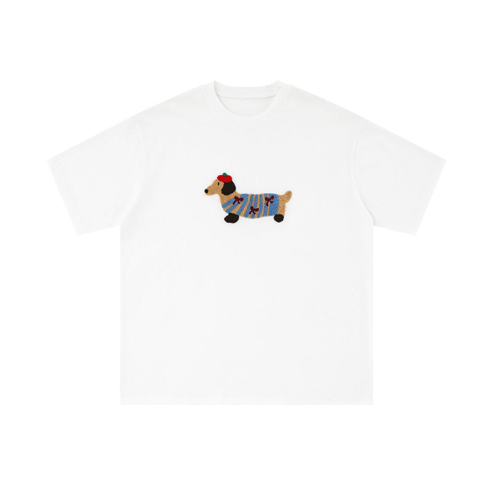 Sausage Dog Flocking Embroidery Short Sleeve T-Shirt Unisex INS Casual Loose Pure Cotton Top Summer Tee Street Fashion - V.I.P Digital Presence