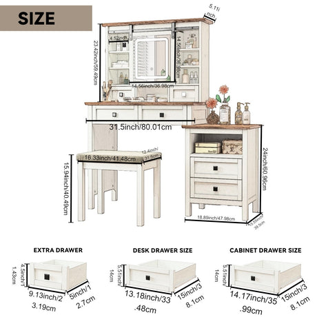 46.5-inch dressing table with adjustable LED lighting mirror and charging station, equipped with soft cushioned stool - V.I.P Digital Presence