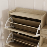 Natural Bohemian style shoe cabinet with 3 rattan flip drawers, 3 square shelves, and 1 storage drawer,  Natural - V.I.P Digital Presence