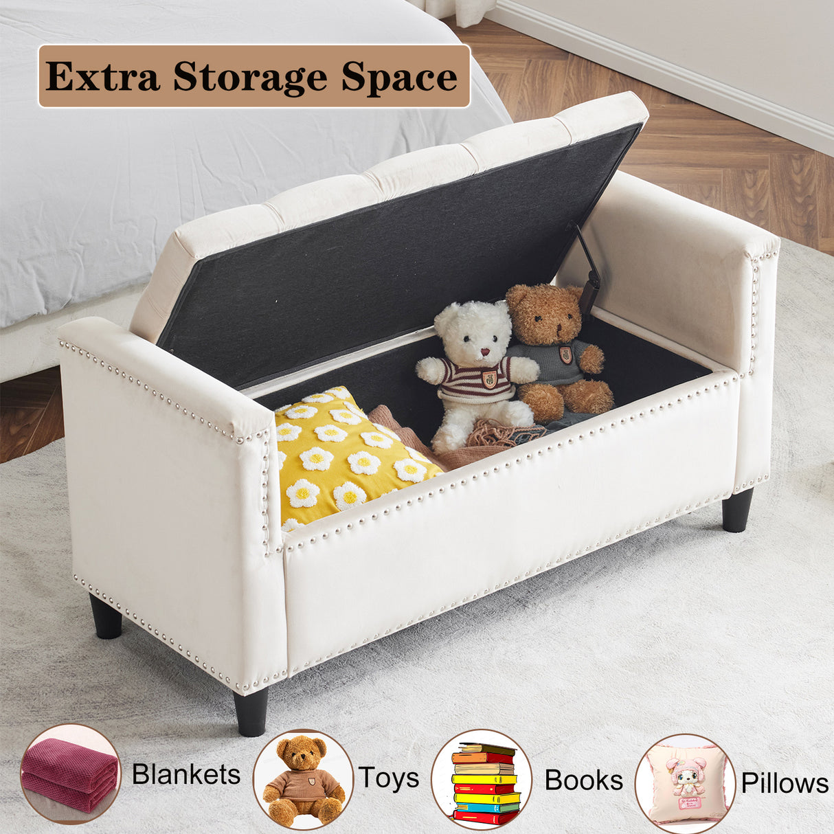 Storage Bench, 44.5-Inch Queen Velvet Button Bedside Bench, Entryway Living Room with Armrests, Nailhead Trim Cream White - V.I.P Digital Presence