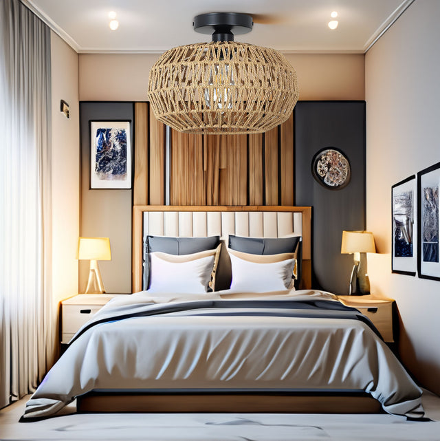 Rattan Light Fixtures Ceiling Mount,Boho Ceiling Light Fixture with Dimmable LED Bulb Mini Hand Woven Rattan - V.I.P Digital Presence