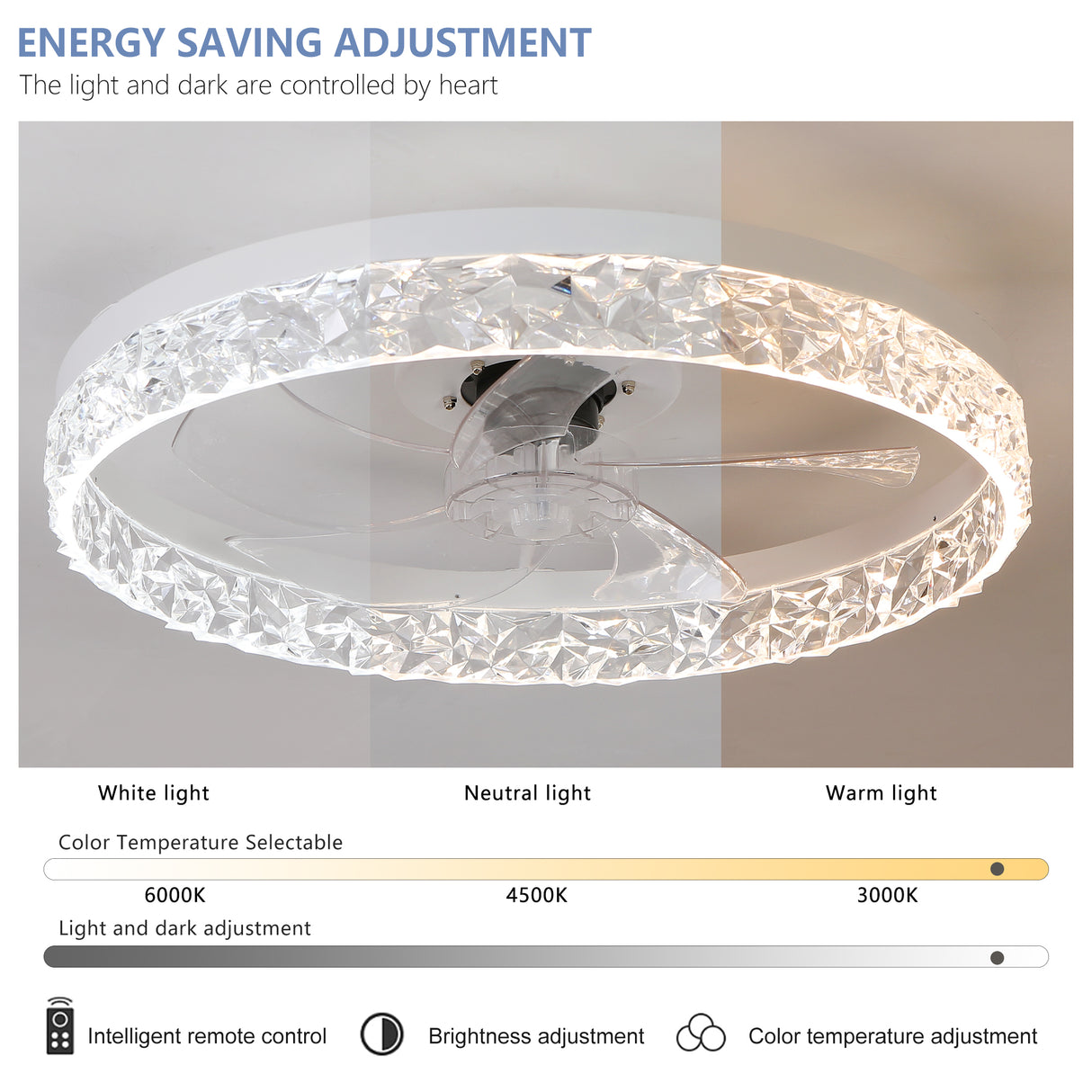 Modern acrylic ceiling fan light with remote control, dimmable LED pendant light, 6-speed adjustable, silent motor - V.I.P Digital Presence