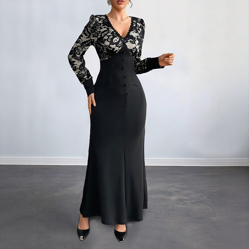 Sexy Retro Lace Splicing Long Sleeve V-neck Dress for Evening and Date - V.I.P Digital Presence